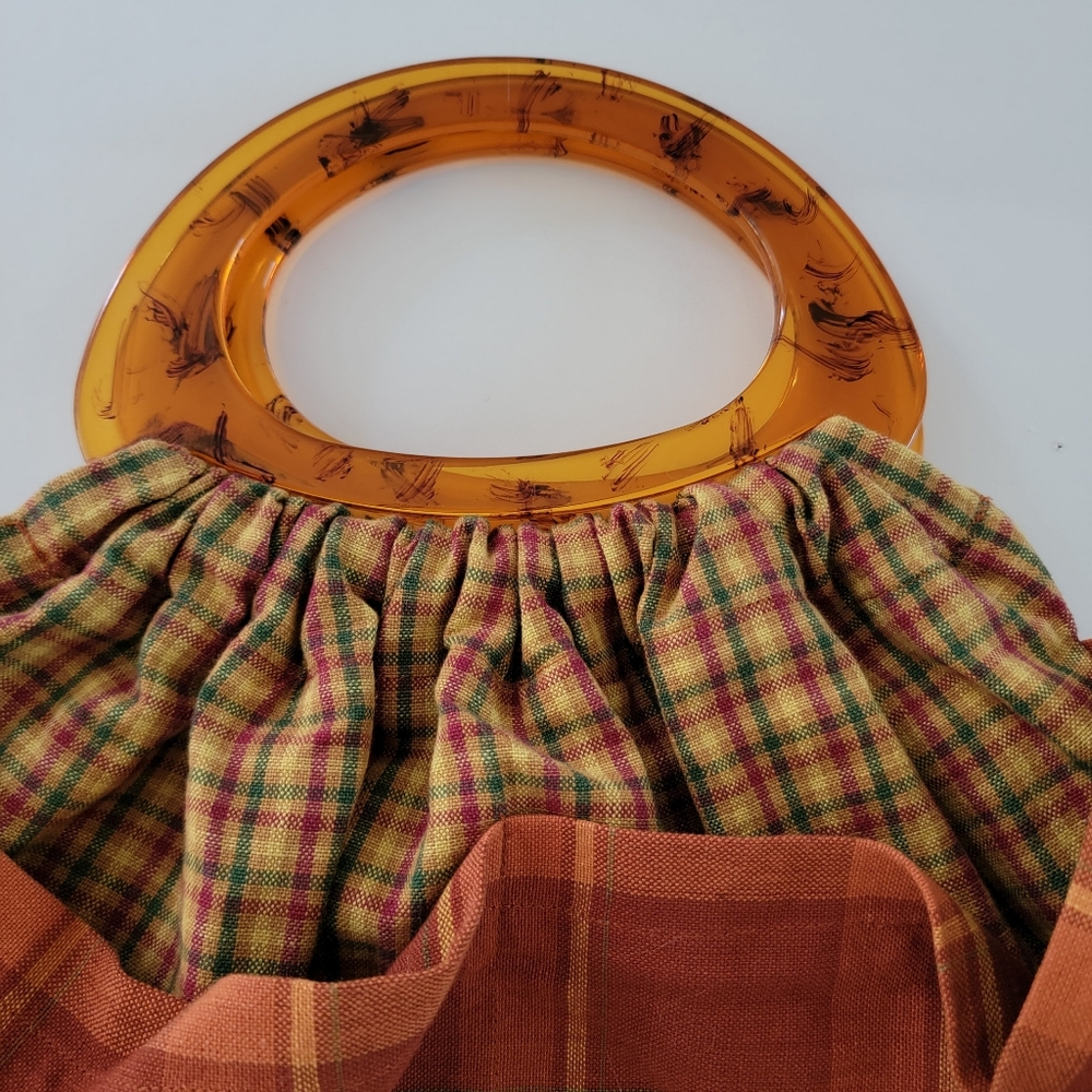 Hand Crafted Orange Brown Plaid Tartan Clutch Purse Handbag Acrylic Handles - Picture 6 of 9